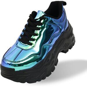 Niluber Tennis Shoes Women Size (6-8)  Blue Hologram KPU Chunky Sneakers .